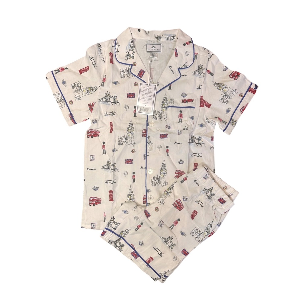 Petite Plume Boys London Is Calling Classic Short Set Pajamas White Size 8 NWT
